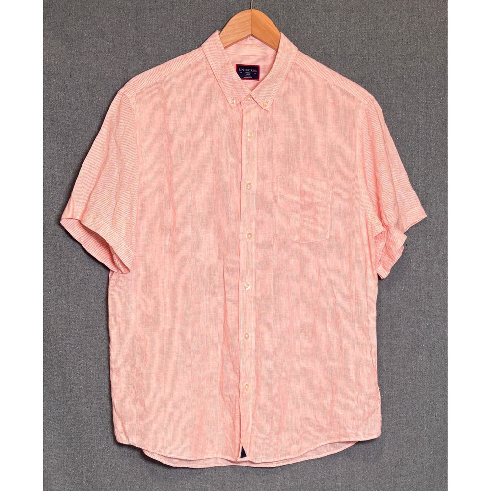 UNTUCKit Evodia Orange Linen Short Sleeve Slim Fit Button Down Shirt Large